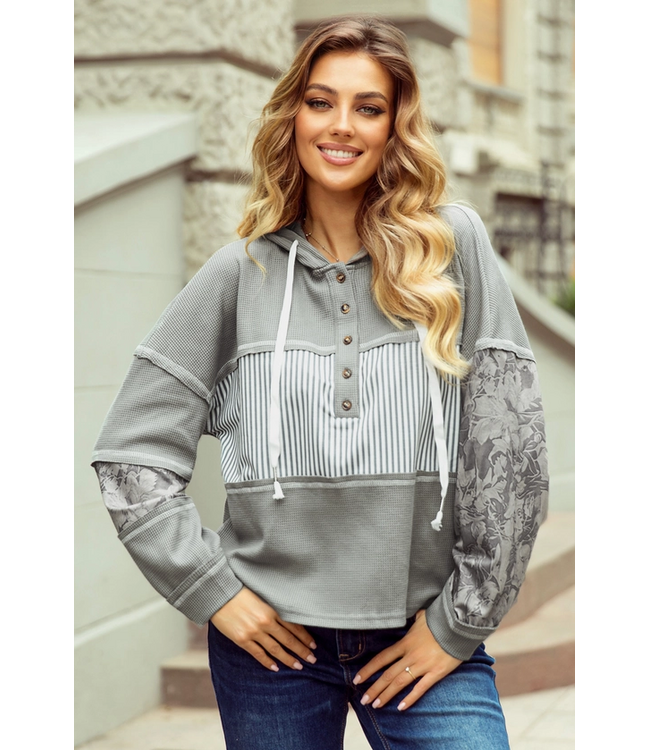 1 the Woman Waffle Patchwork Drawstring Hooded Long Sleeve Top Grey