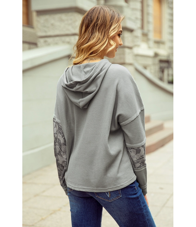 1 the Woman Waffle Patchwork Drawstring Hooded Long Sleeve Top Grey