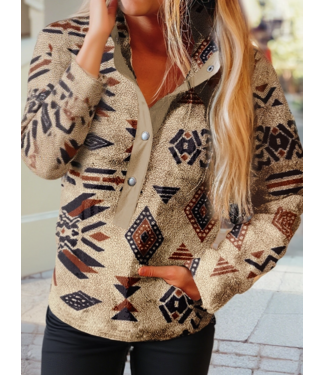 1 the Woman Western Half Zip Plush Sweatshirt Beige