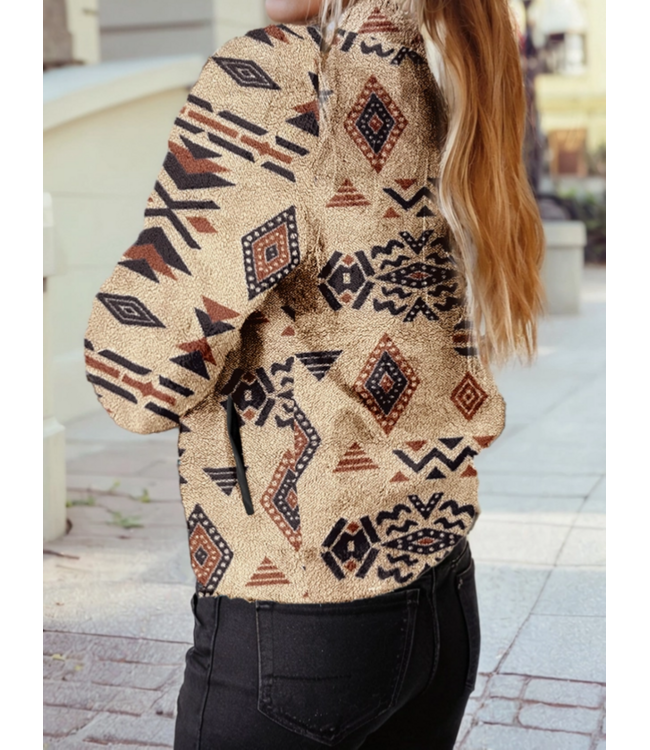 1 the Woman Western Half Zip Plush Sweatshirt Beige