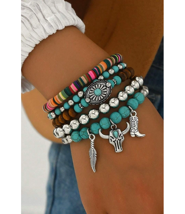 1 the Woman Western Pattern Turquoise Beaded Multi Layer Bracelet Set