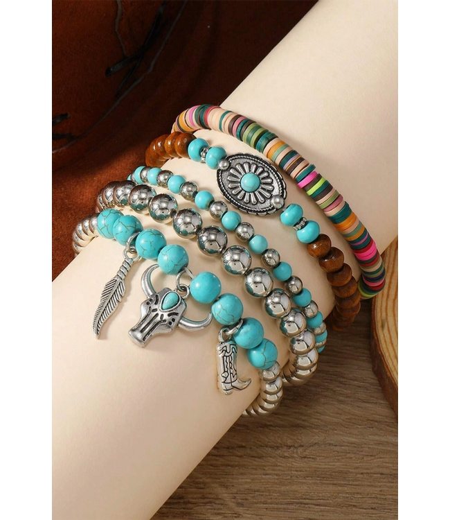 1 the Woman Western Pattern Turquoise Beaded Multi Layer Bracelet Set