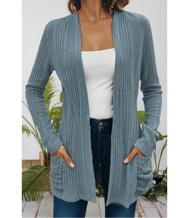 66DISCO Womens Ribbed Open Front Knitted Top with Pockets