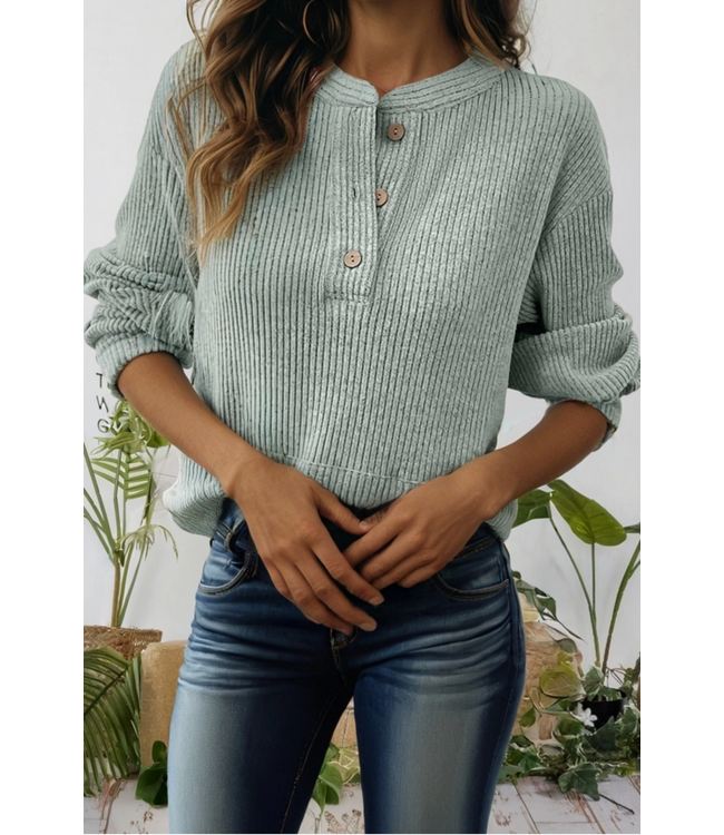 66DISCO Womens Ribbed Texture Drop Shoulder Henley Knit Top