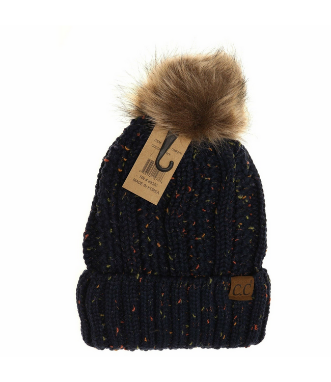C.C Beanie Fuzzy Lined Flecked Fur Pom Cc Beanie
