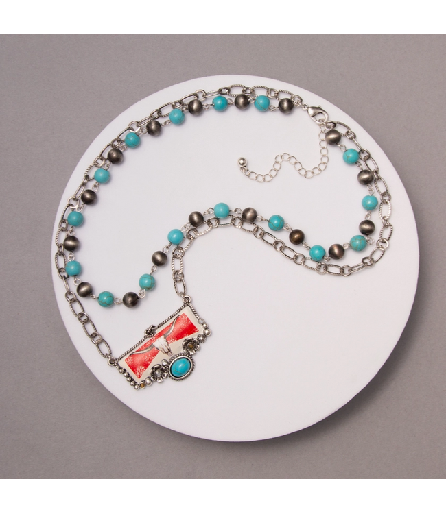 SP Sophia Collection Western Multi-Strand and Enamel Steer Head Pendant Necklace