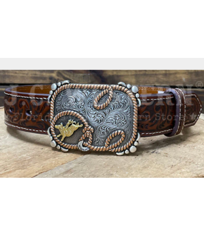 3D Boys Belt Floral Billet Crazy Horse Inlay Brown