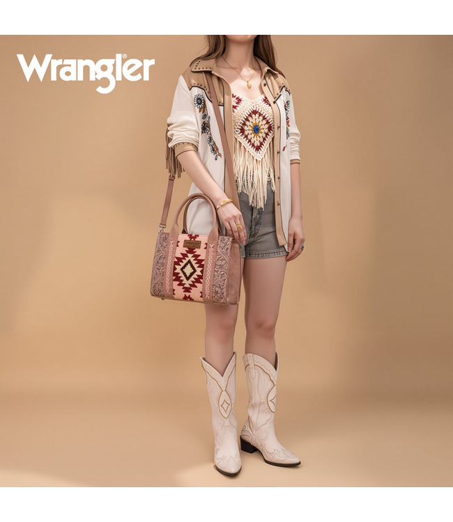 Wrangler Wrangler Tooled Aztec Pattern Print Concealed Carry Tote/Crossbody -Dark Pink