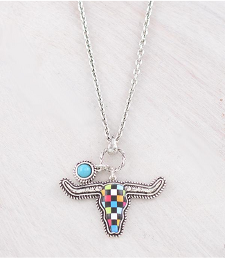 YK Trading Checkered Cow Skull Necklace - Multi