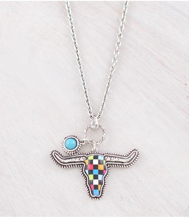 YK Trading Checkered Cow Skull Necklace - Multi