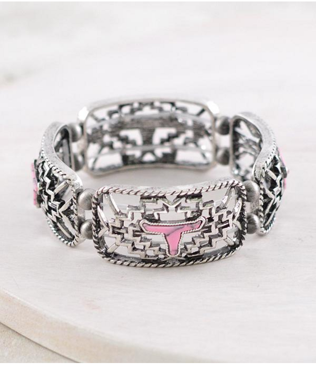 YK Trading Aztec Cow Skull Bracelet Pink