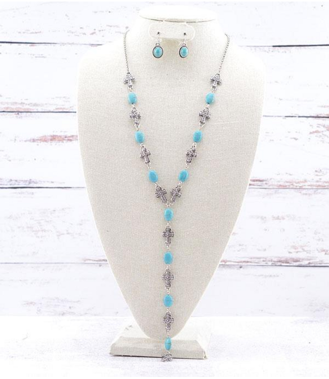 YK Trading Semi Stone Cross Lariat Necklace