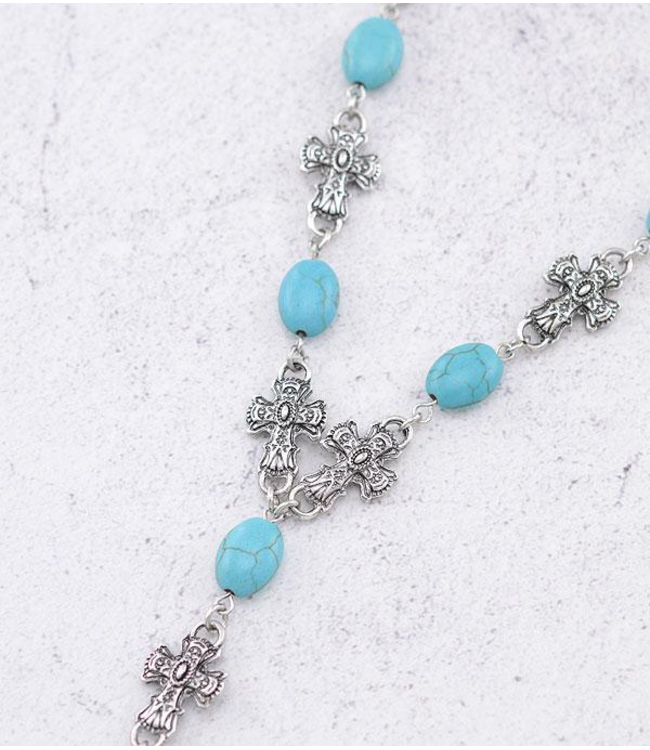 YK Trading Semi Stone Cross Lariat Necklace