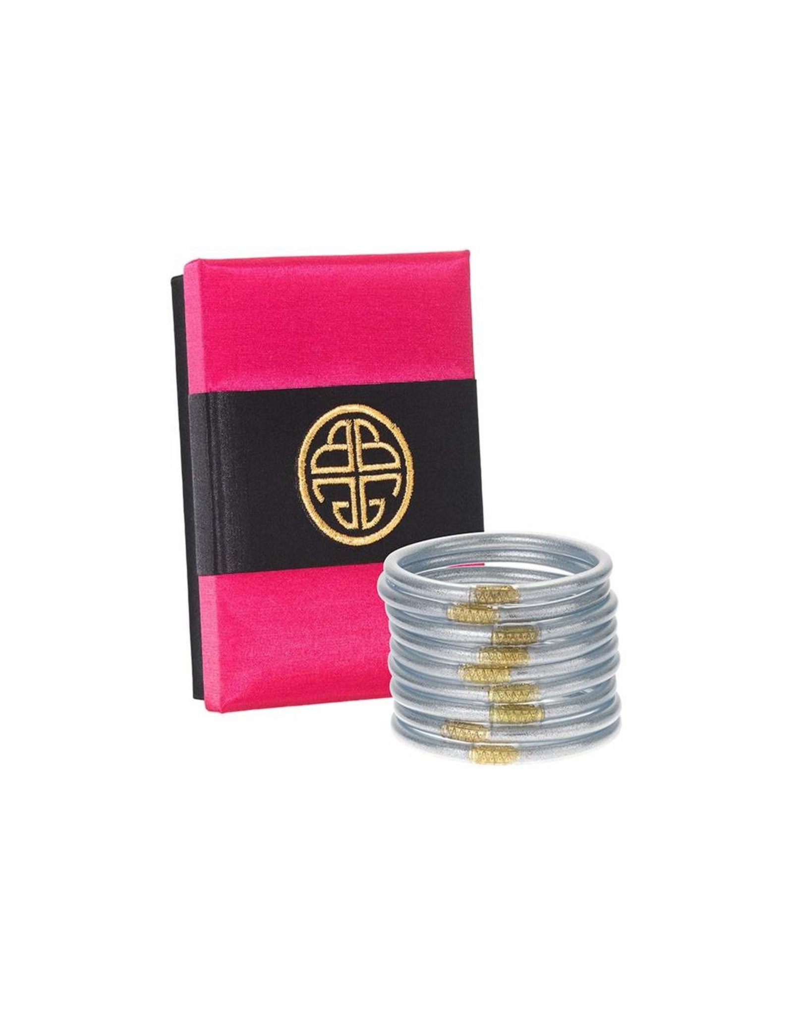 BuDhaGirl Silver All Weather Bangles set of 9 Medium Rhinestone Angel