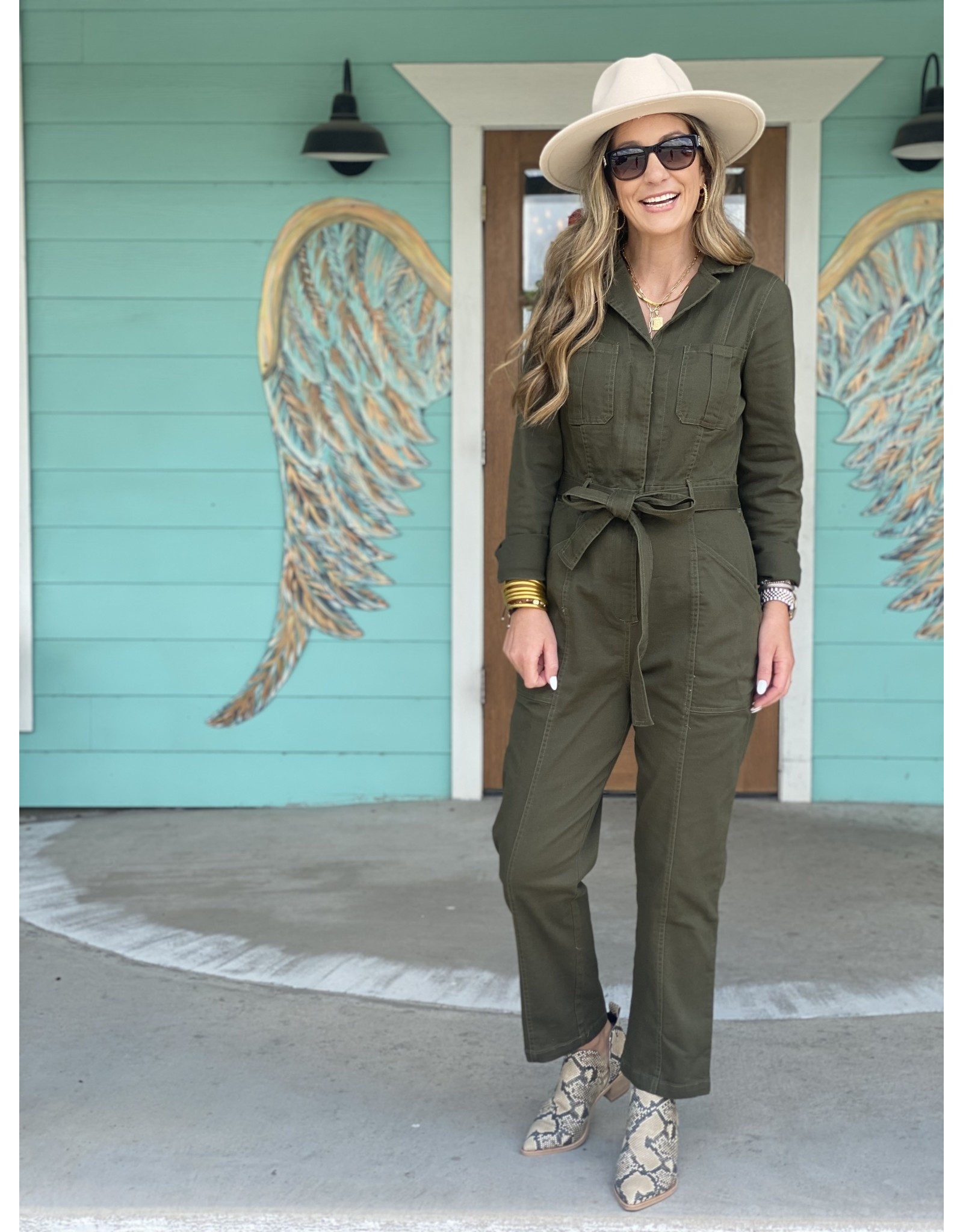 Olive Jumpsuit Long Sleeve - Rhinestone 