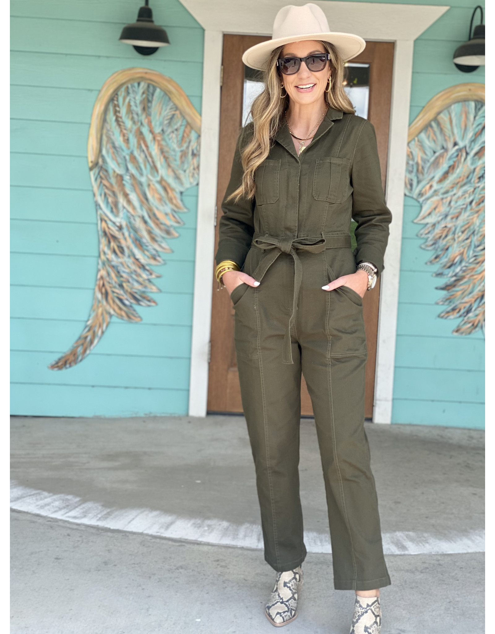 Olive Jumpsuit Long Sleeve - Rhinestone 