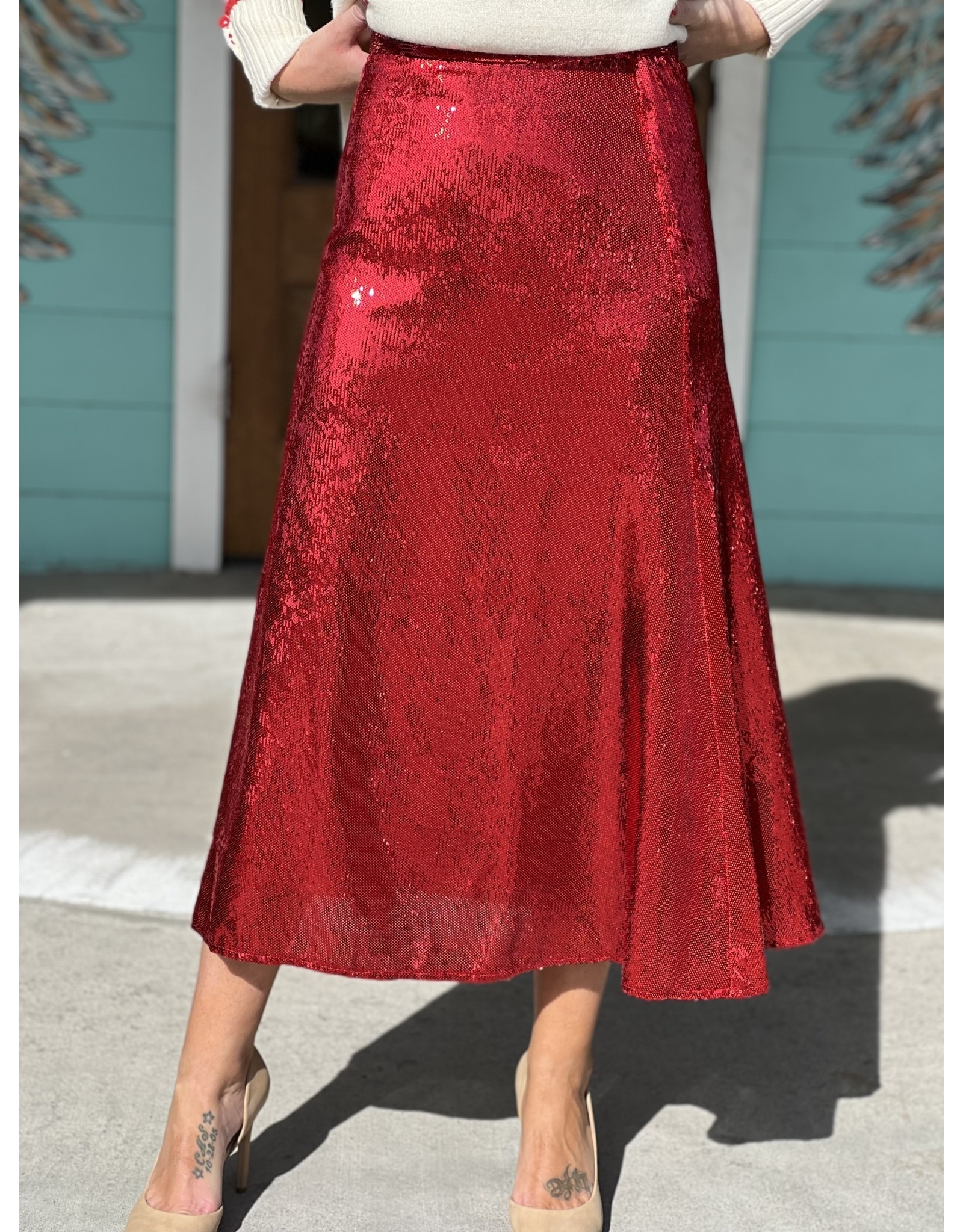red sequin midi skirt