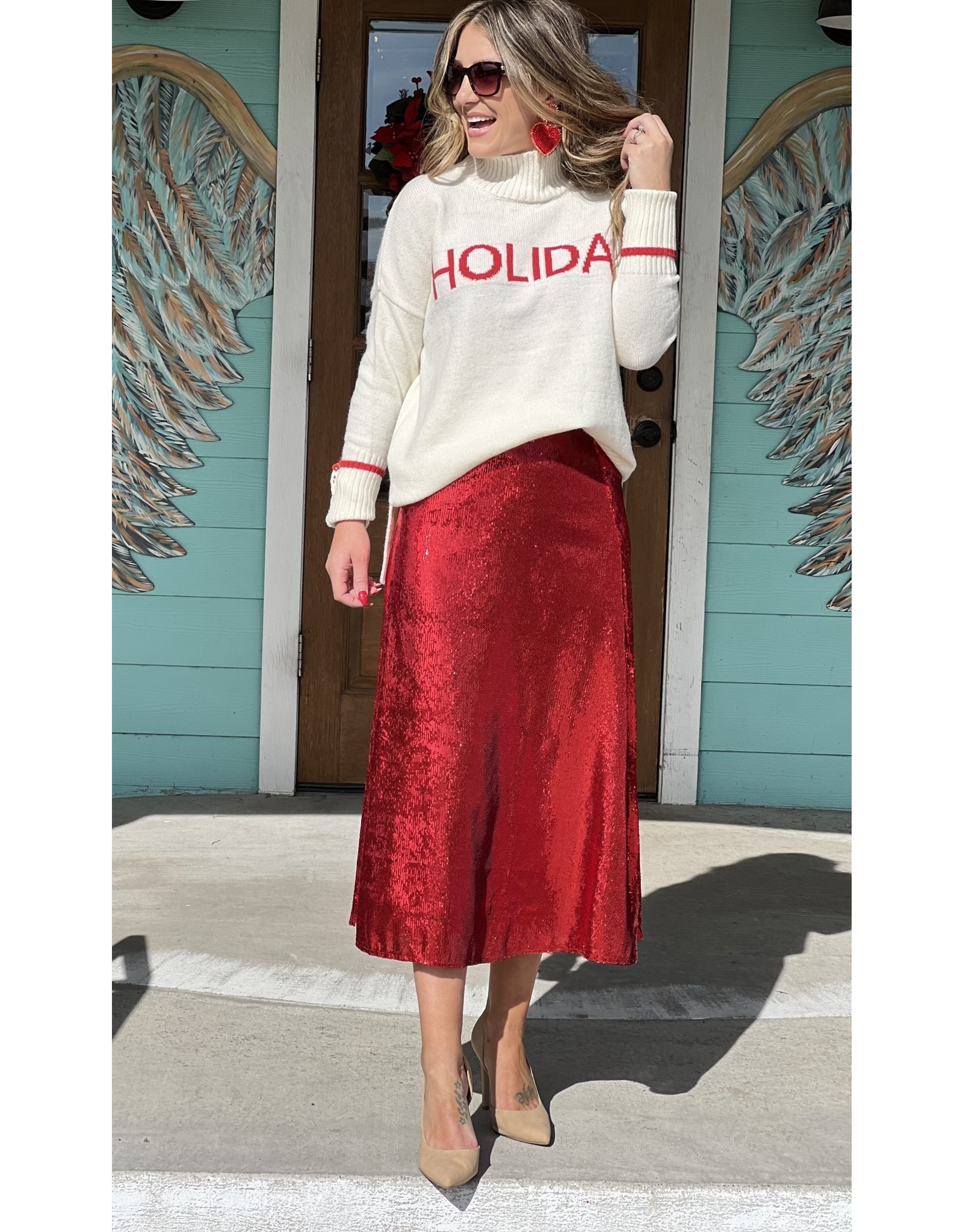 red sequin midi skirt