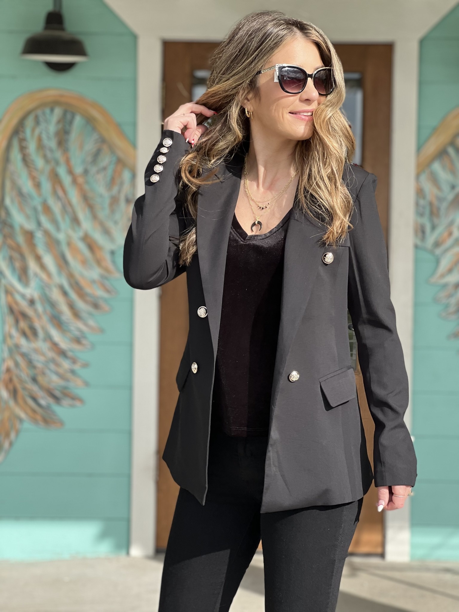 Gold Button Blazer in Black Rhinestone Angel
