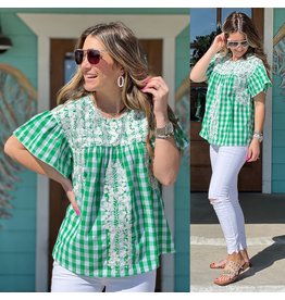 Green Gingham Embroidered Tracy Top
