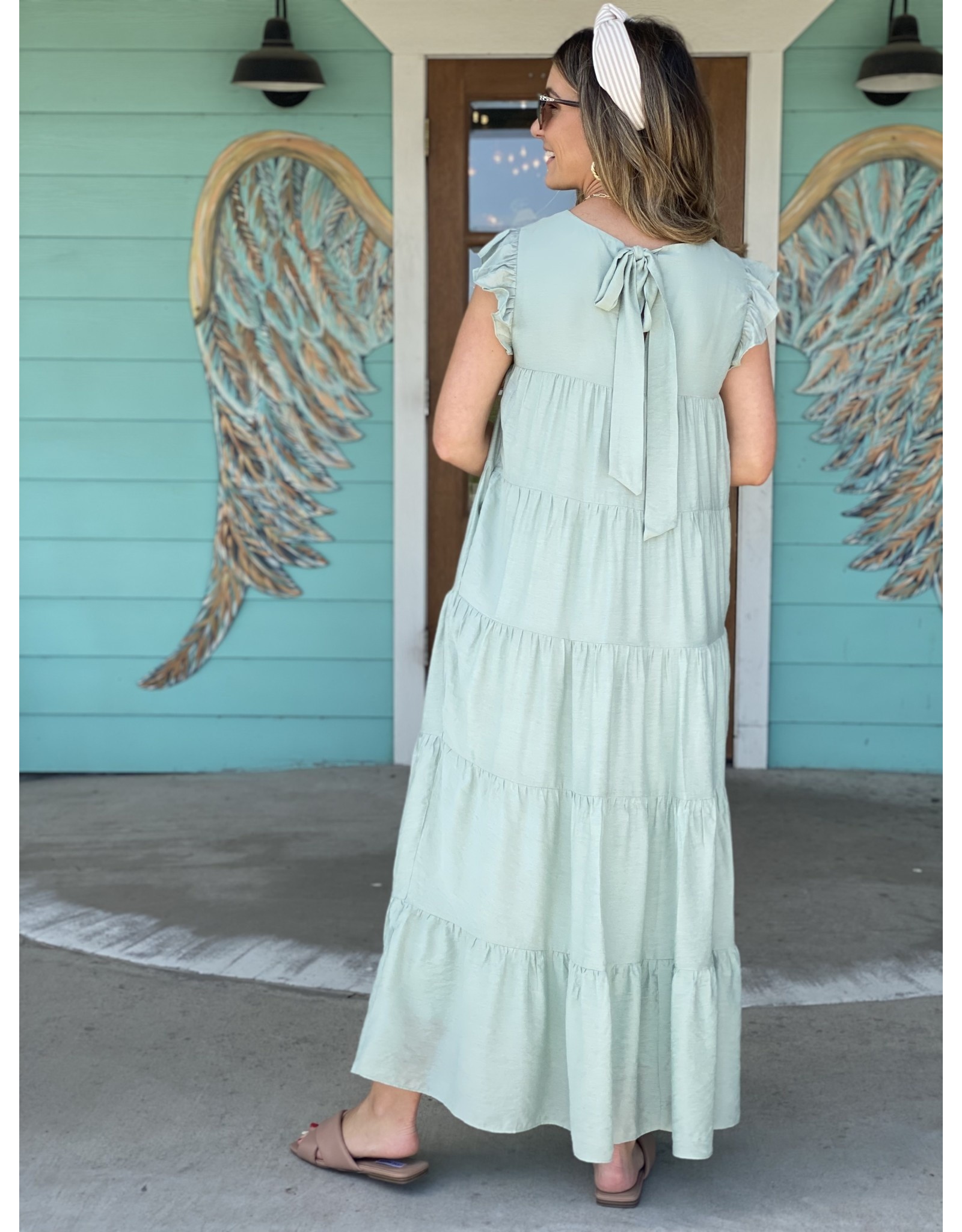 Sage Green Tiered Maxi Dress W/ Tie 
