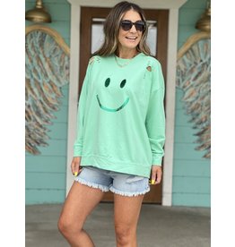 Mint Green Smile Distressed Sweatshirt