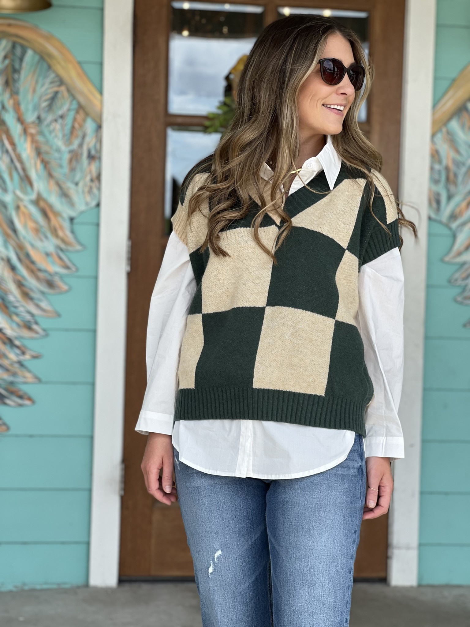 green buffalo plaid sweater