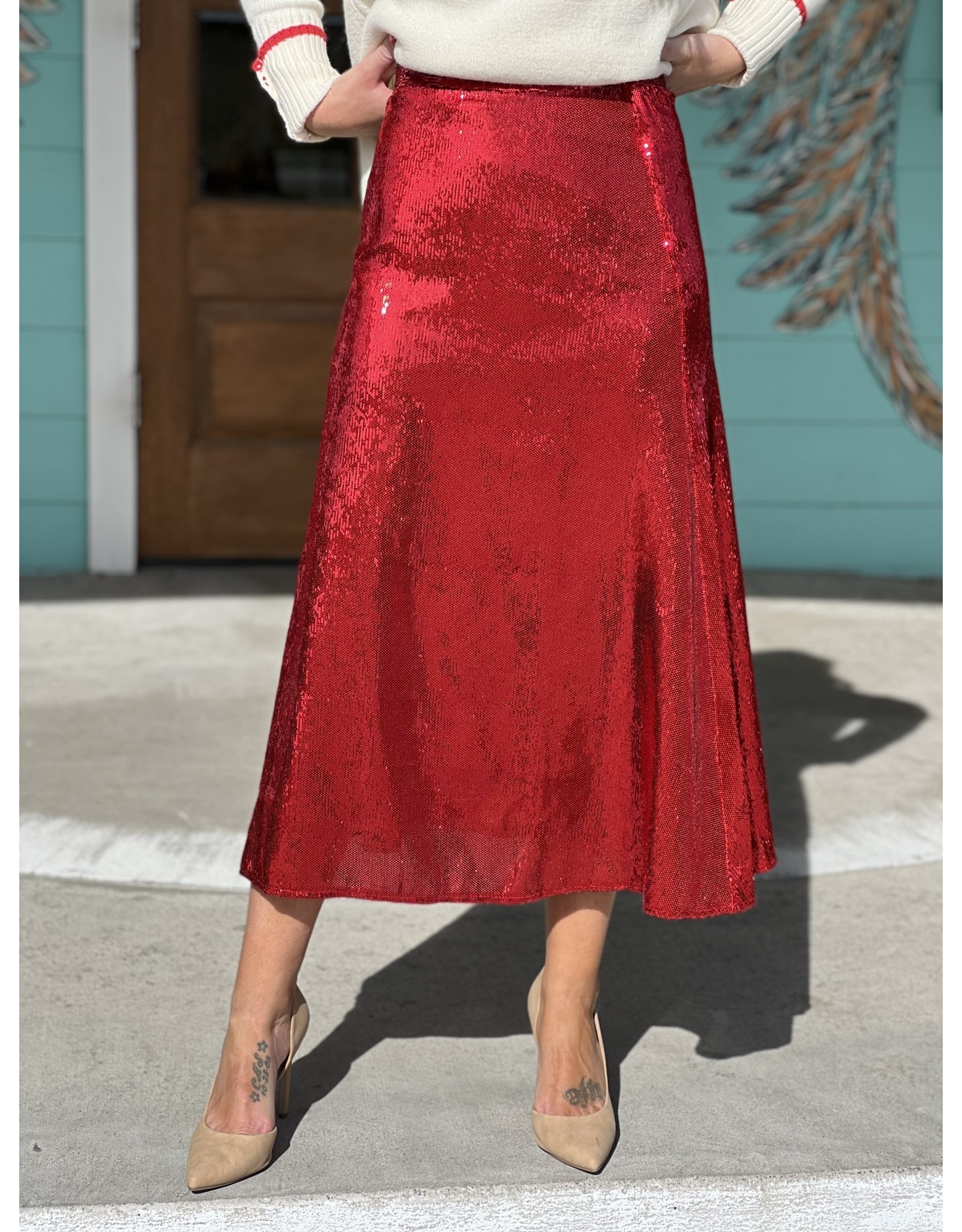 Red Sequin Midi Skirt