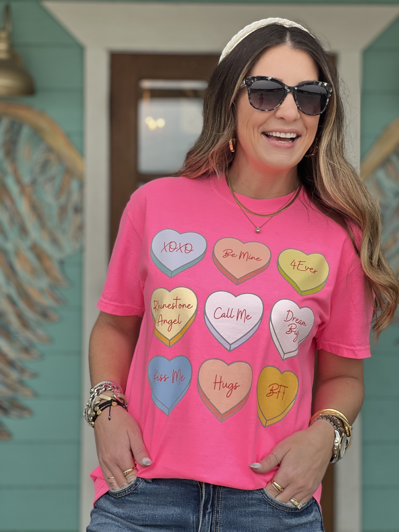 Neon Pink Candy Heart Tee Rhinestone Angel