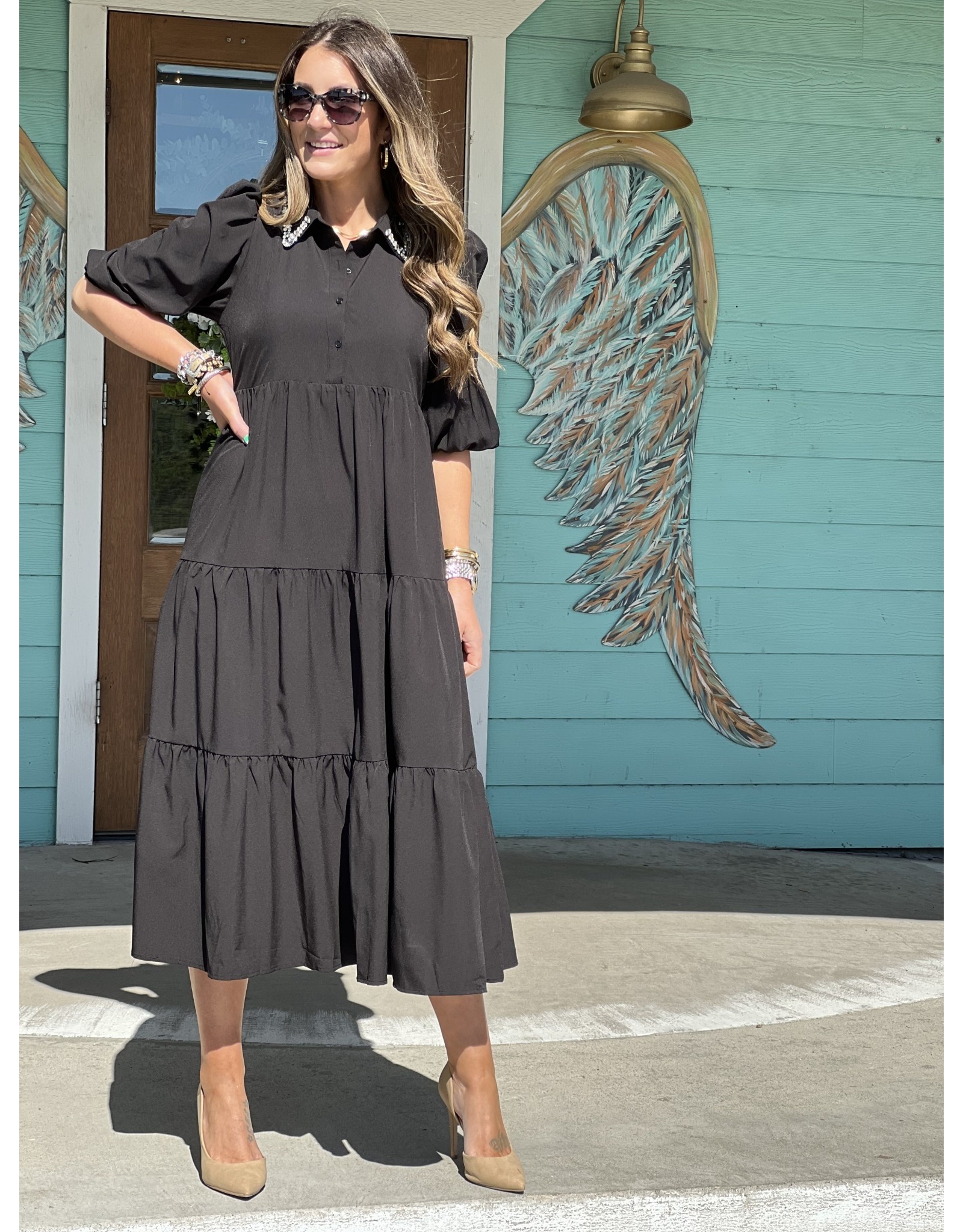 Black Rhinestone Collar Tiered Maxi Dress - Rhinestone Angel