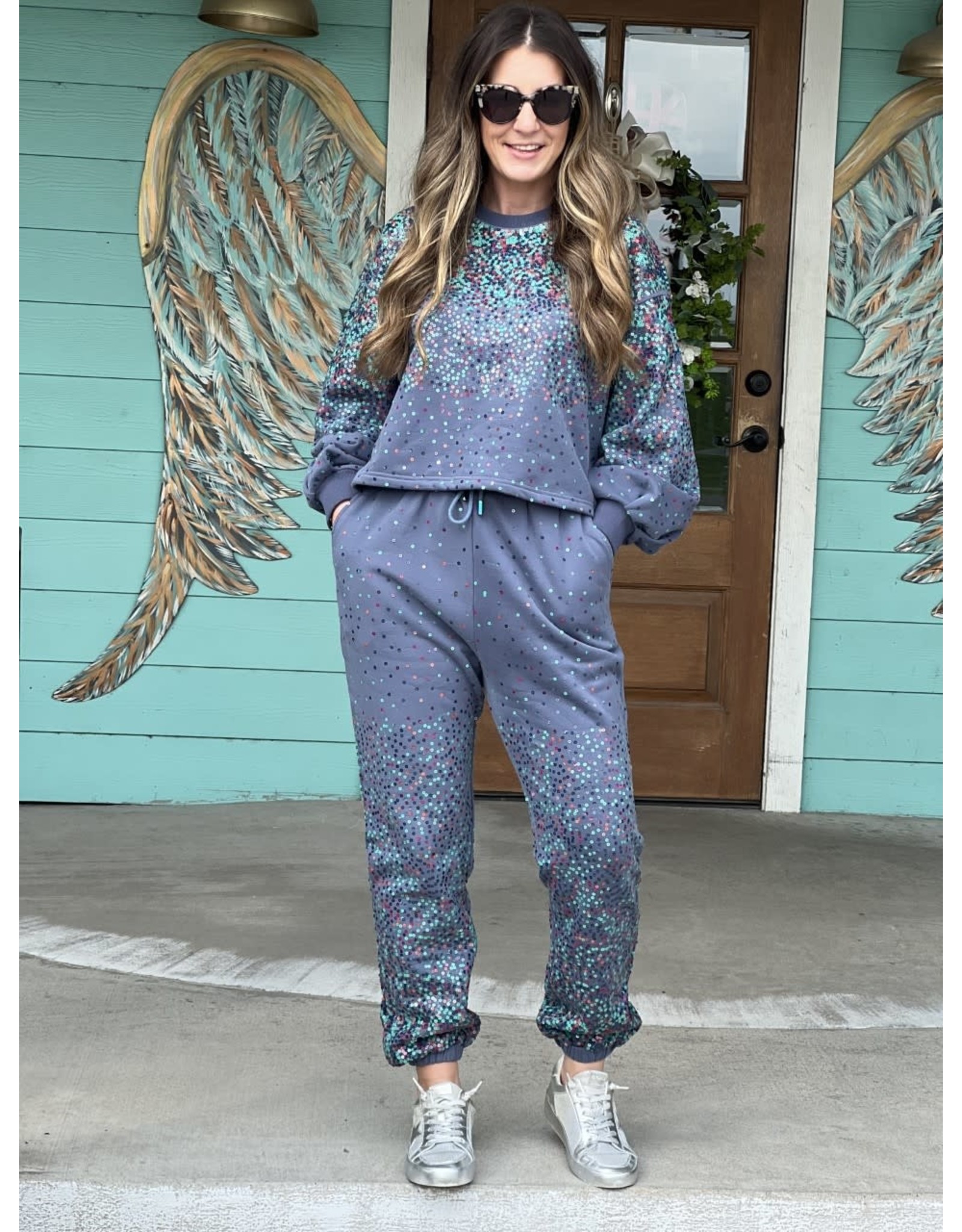 Queen of Sparkles Grey Scattered Sequin Jogger - Rhinestone Angel