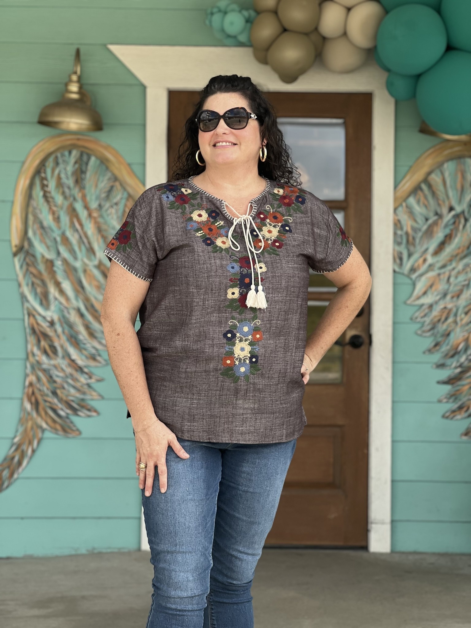 Dark Denim Embroidered Elise Top - Rhinestone Angel