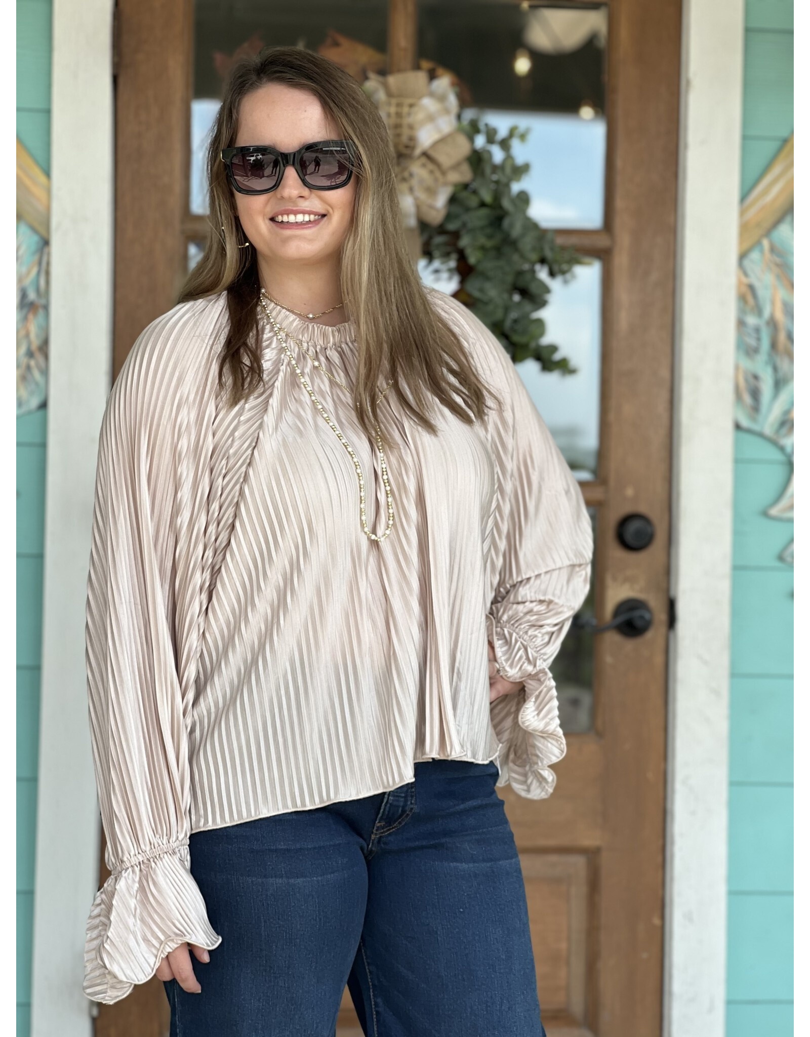 Champagne Pleated  Long Sleeve Top