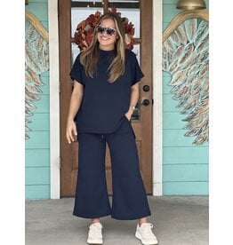 Navy Textured Cropped Wide Pant