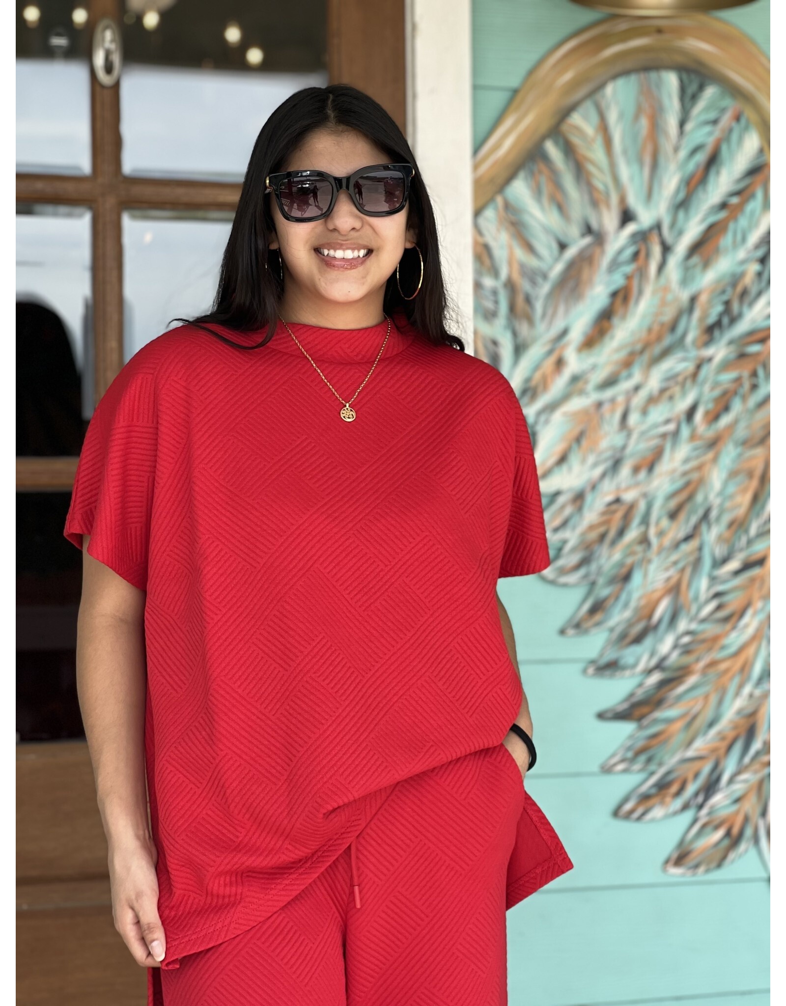 Red Textured Tunic Top Rhinestone Angel