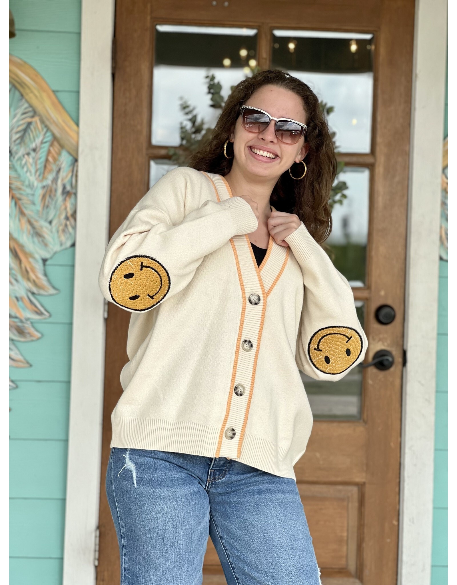 By Together Cream Cardigan w/Smile Face Elbow Detail