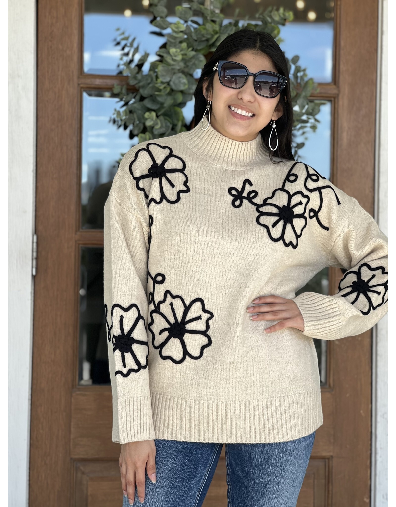 Cream Sweater Applique Flower Detail