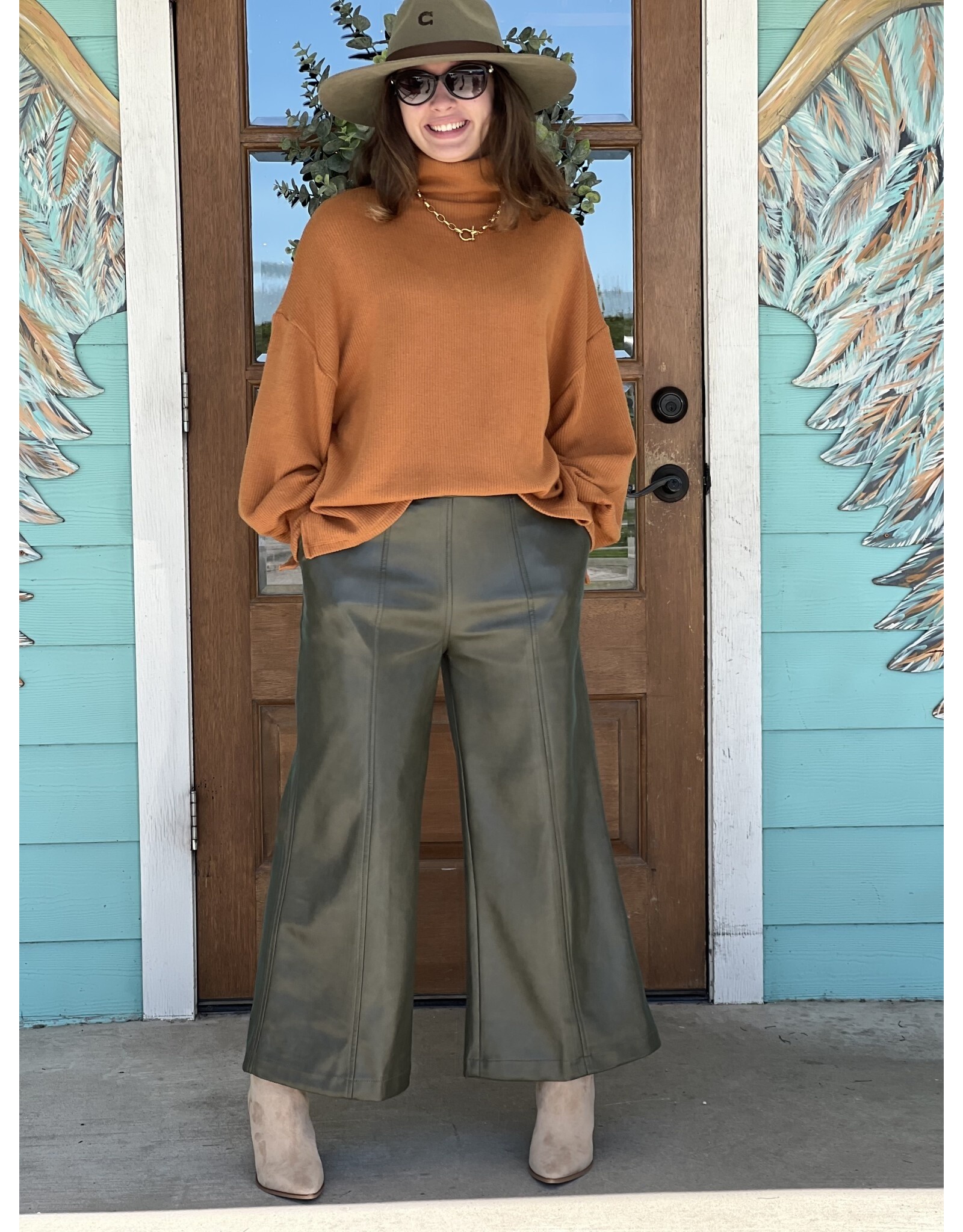 Olive Faux Leather Flare Pants