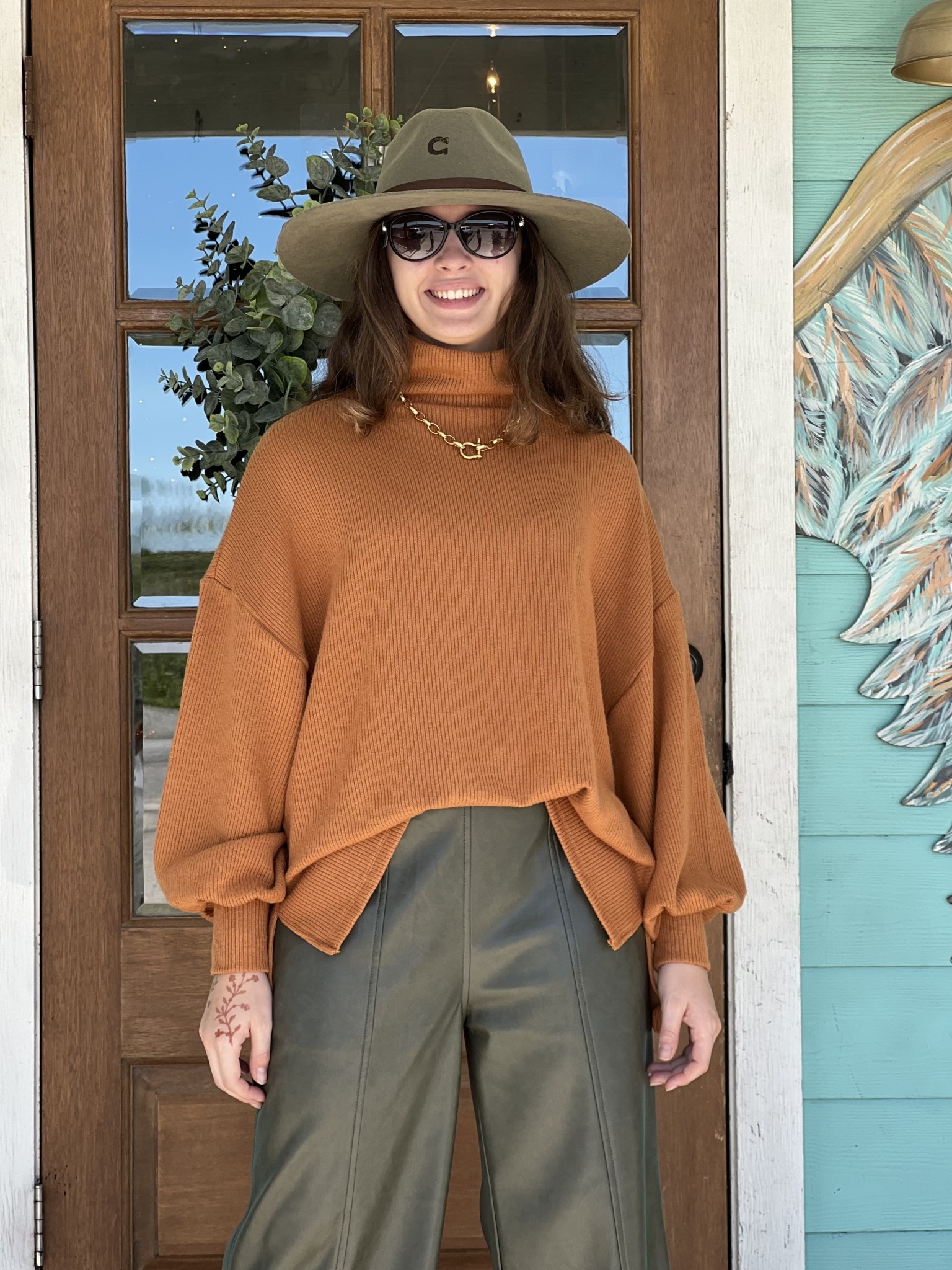 Camel Mock Neck Balloon Sleeve Knit Top