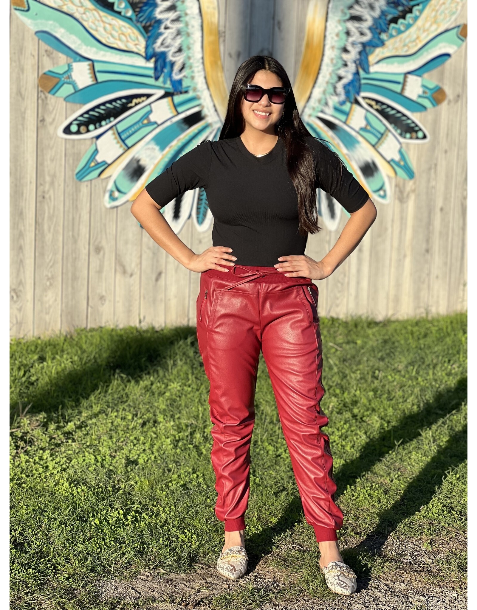 Deep Red Faux Leather Joggers - Rhinestone Angel