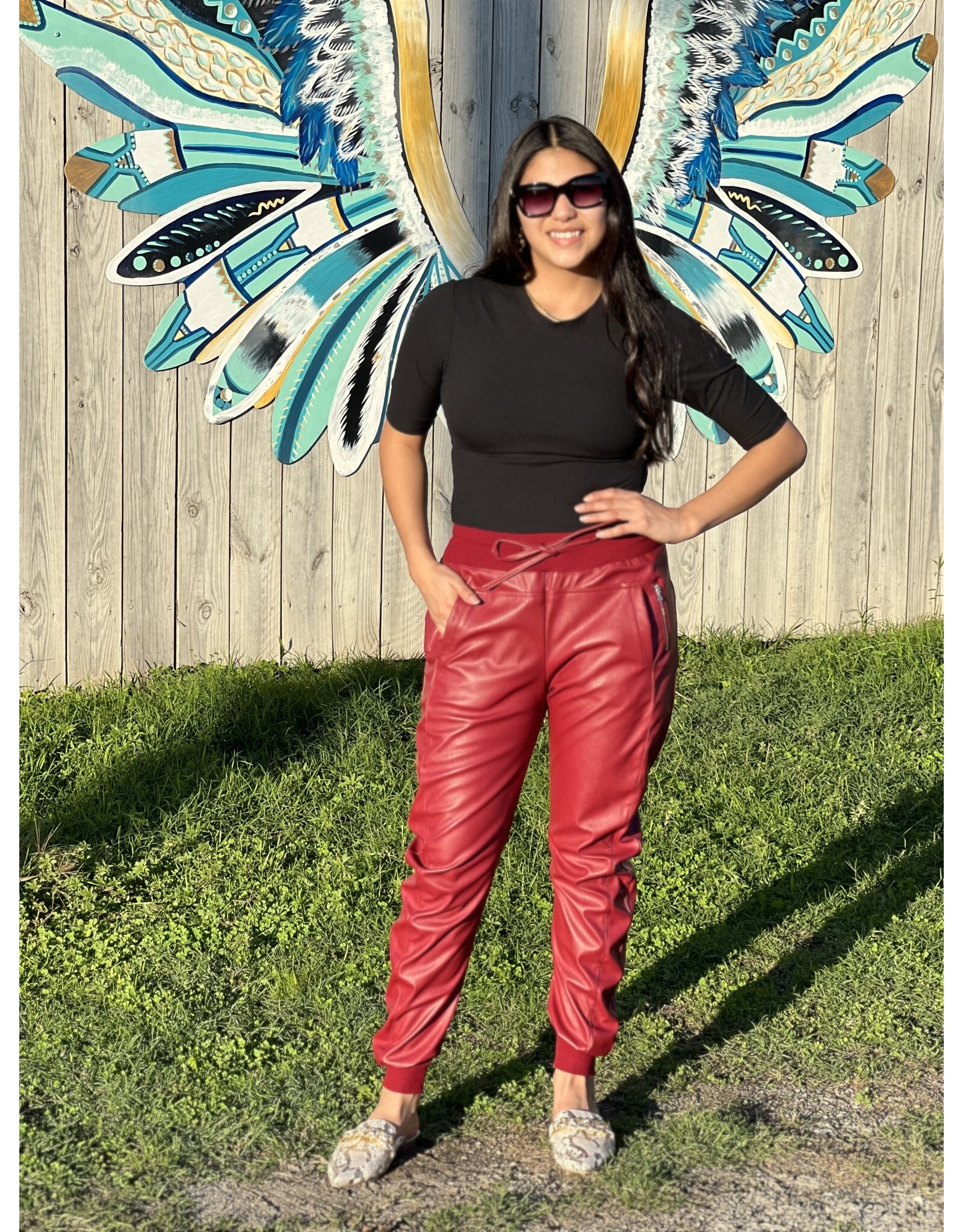 Deep Red Faux Leather Joggers - Rhinestone Angel