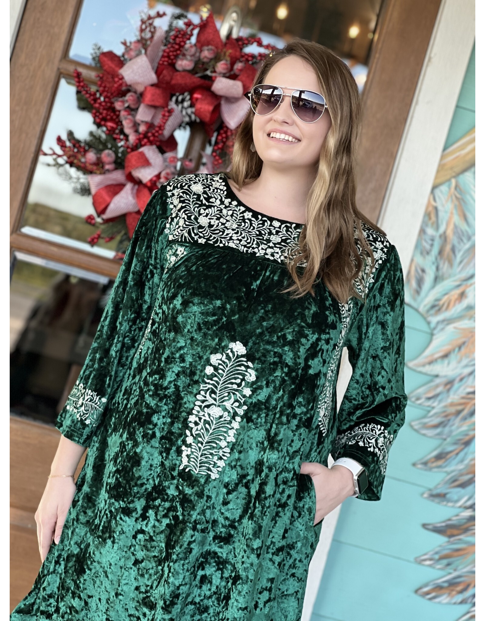 Emerald Velvet Embroidered Joy Dress