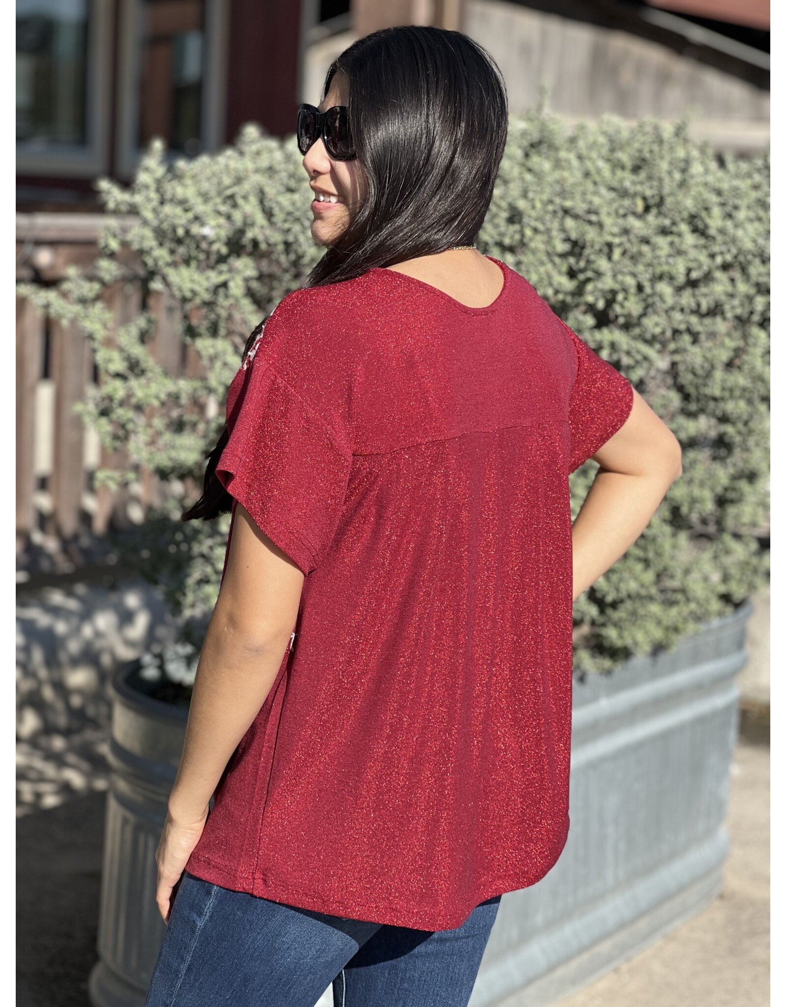 Red Metallic Embroidered Tally  Top