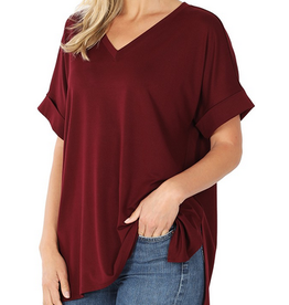 Burgundy ROLLED SHORT SLEEVE V-NECK TOP