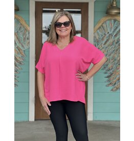 Neon Pink V-NECK DOLMAN SHORT SLEEVE TOP