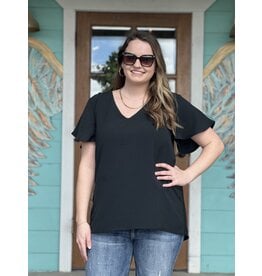 Black WOVEN FLUTTER SLEEVE TOP