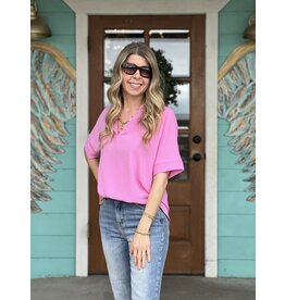Candy Pink COLLARED V-NECK SHORT SLEEVE TOP
