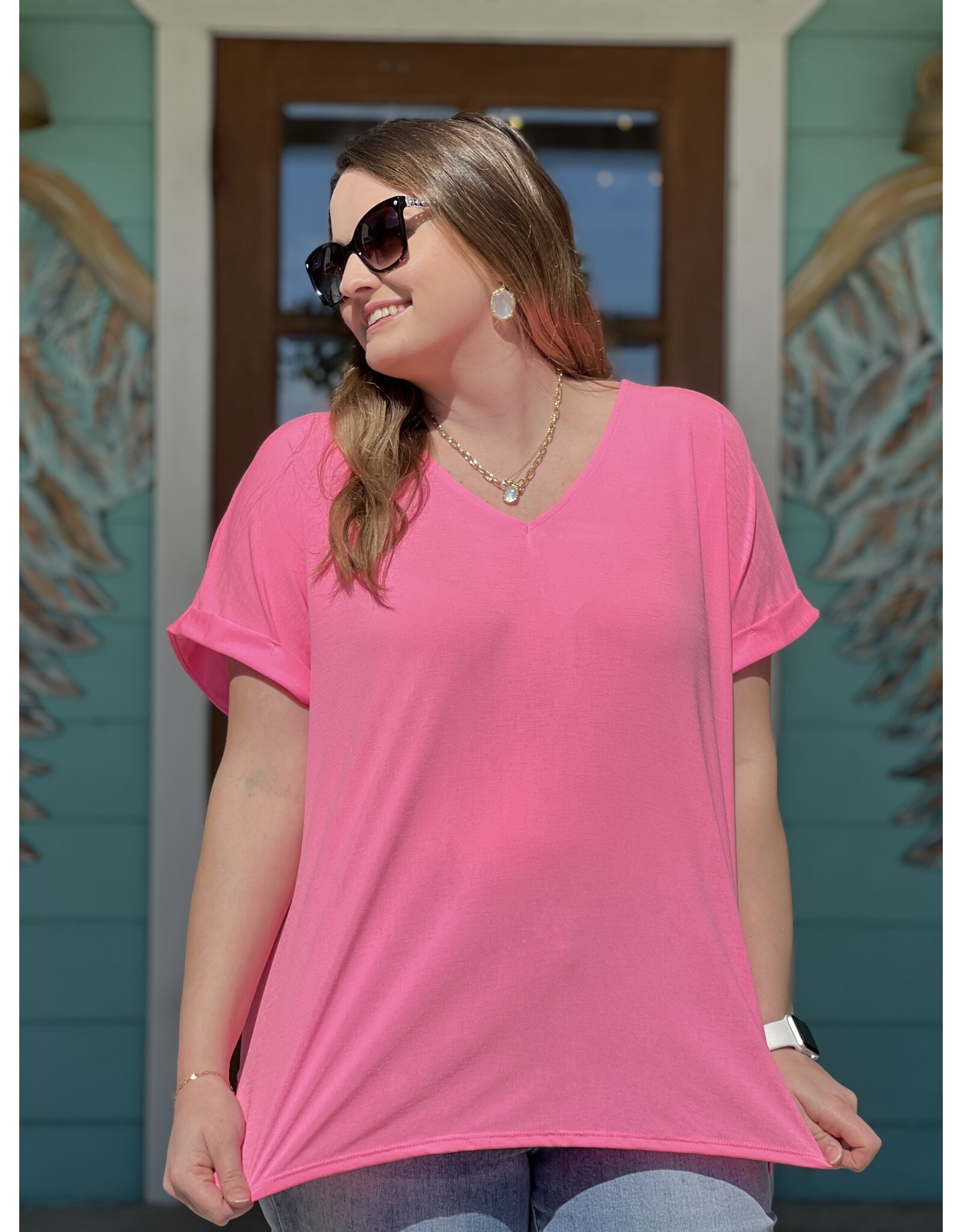 Neon Pink V-Neck Cuff Short Sleeve Top