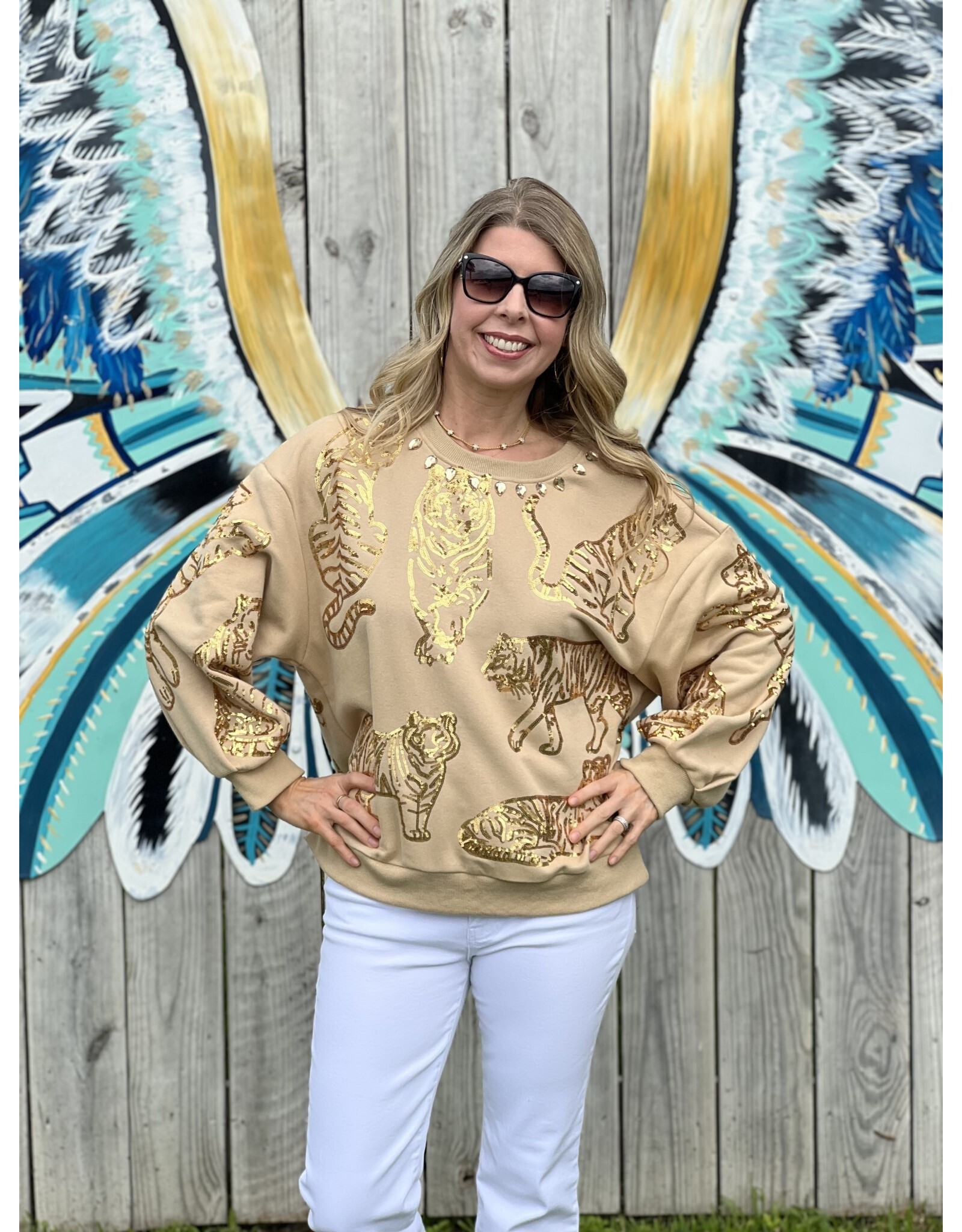 Queen of Sparkles Beige Gold Tiger Sweatshirt