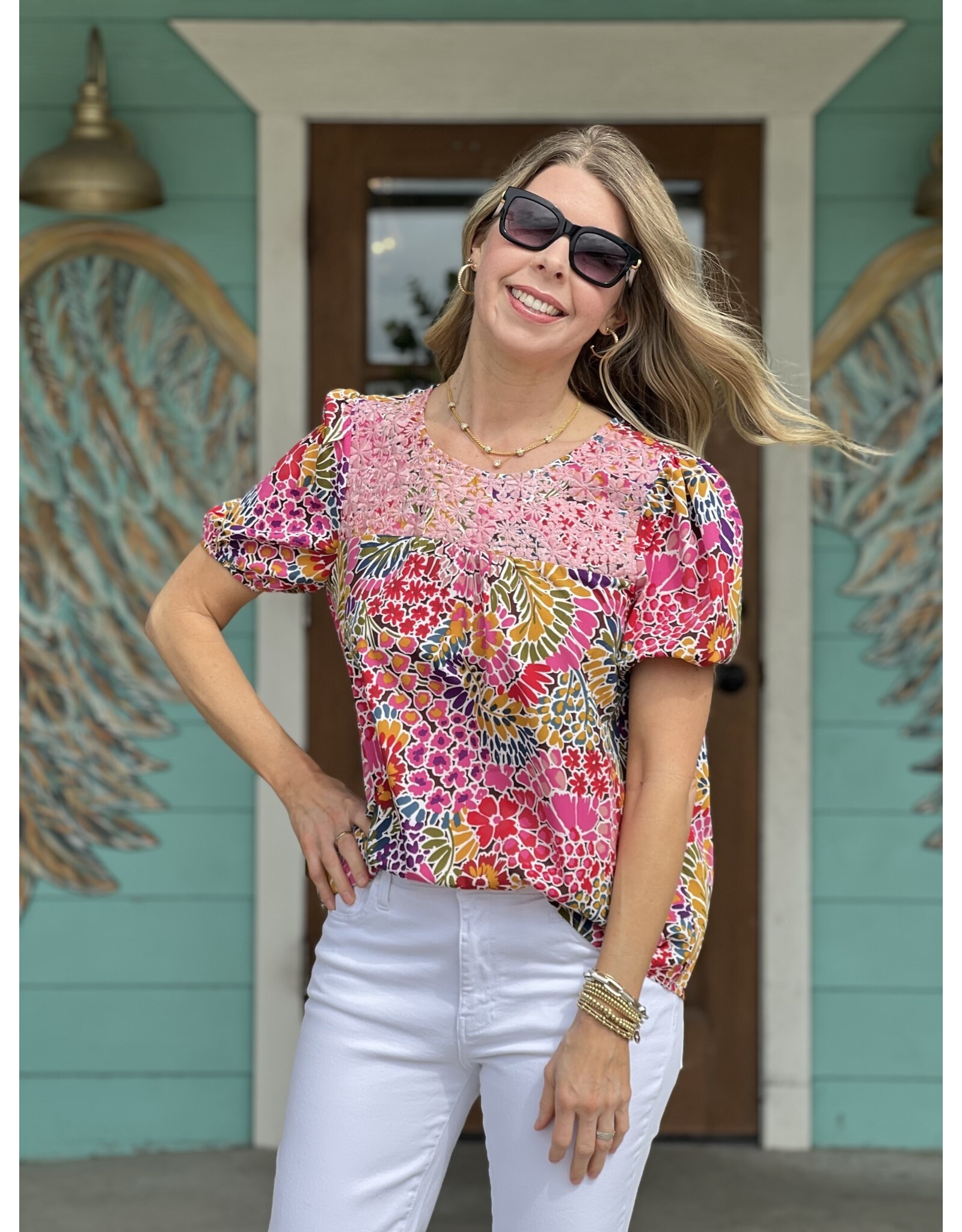 Andree By Unit Pink Floral Embroidered Top